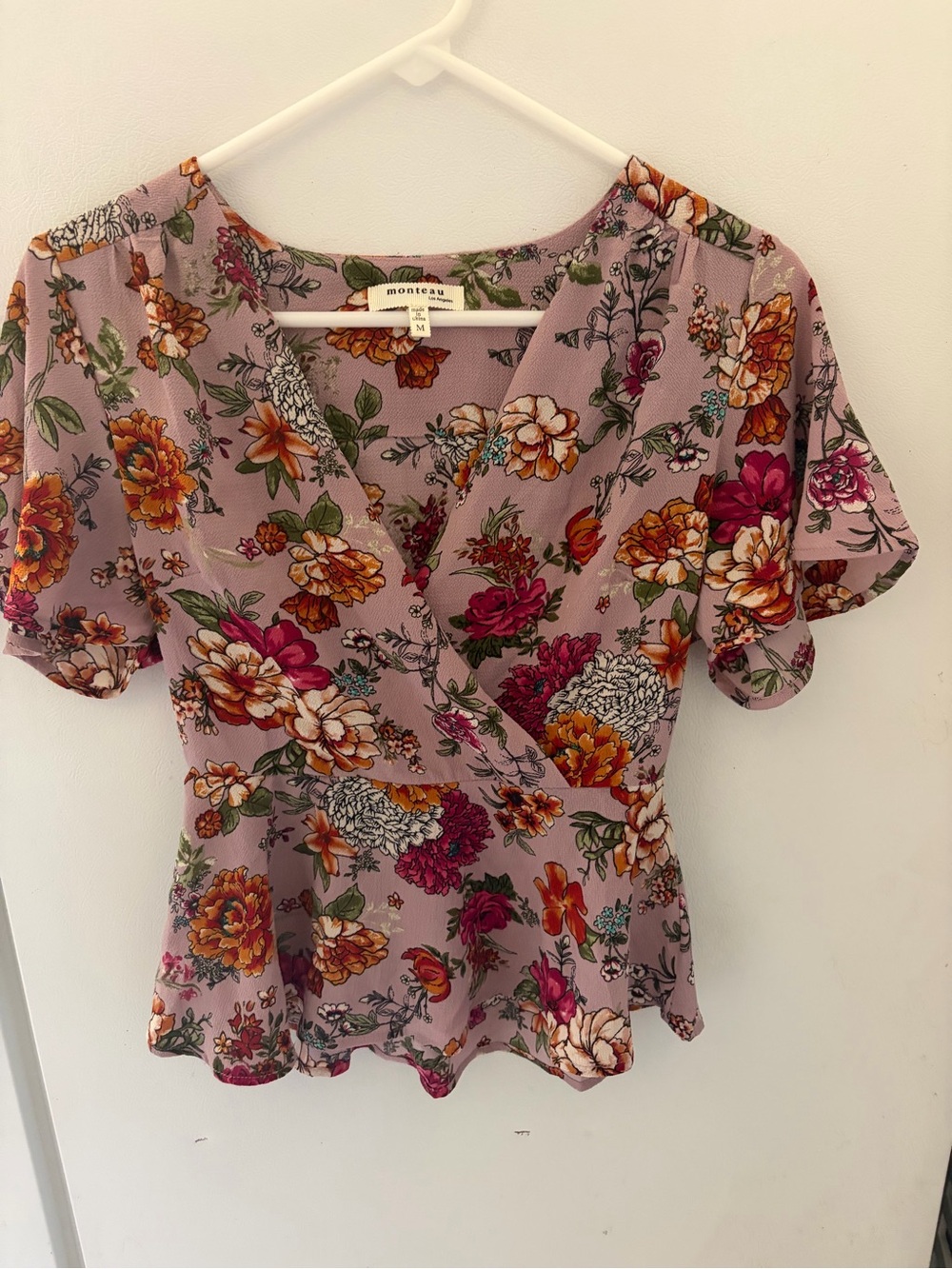 Monteau Mauve Floral Wrap Peplum Blouse with Pink and Orange Blooms